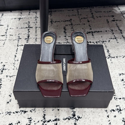 YSL 26S HIGH-HEEL SANDALS 50 MM IN DARK RED CALFSKIN AND BEIGE MESH 