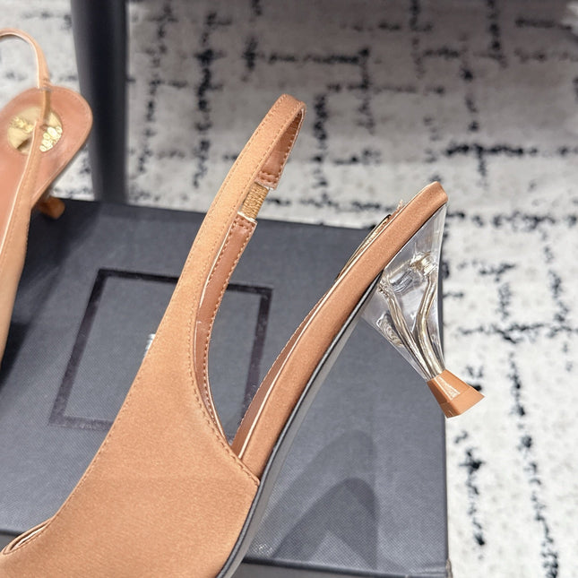 YSL 26S SLINGBACK PUMPS 60 MM IN CAMEL BROWN SATIN
