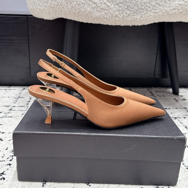 YSL 26S SLINGBACK PUMPS 60 MM IN CAMEL BROWN SATIN