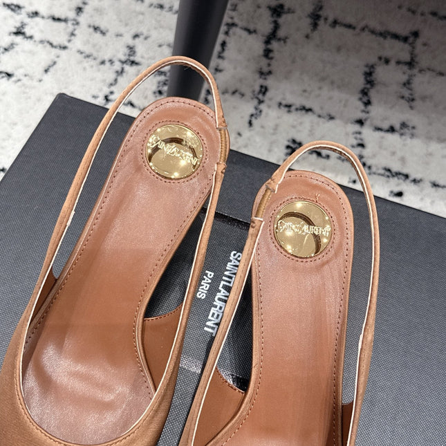 YSL 26S SLINGBACK PUMPS 60 MM IN CAMEL BROWN SATIN
