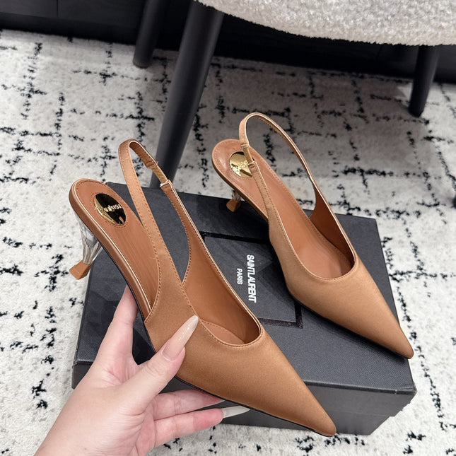 YSL 26S SLINGBACK PUMPS 60 MM IN CAMEL BROWN SATIN