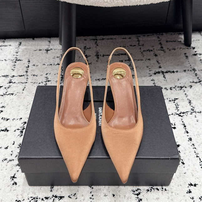 YSL 26S SLINGBACK PUMPS 60 MM IN CAMEL BROWN SATIN