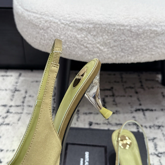 YSL 26S SLINGBACK PUMPS 60 MM IN OLIVE GREEN SATIN
