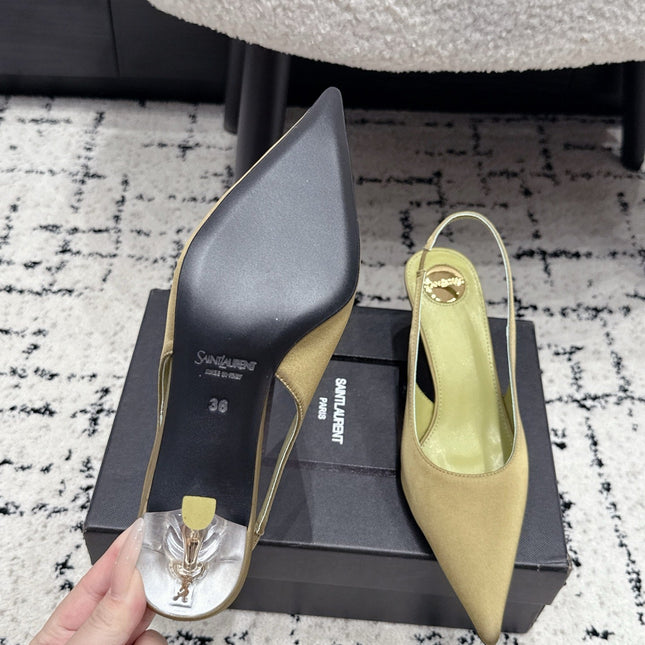 YSL 26S SLINGBACK PUMPS 60 MM IN OLIVE GREEN SATIN