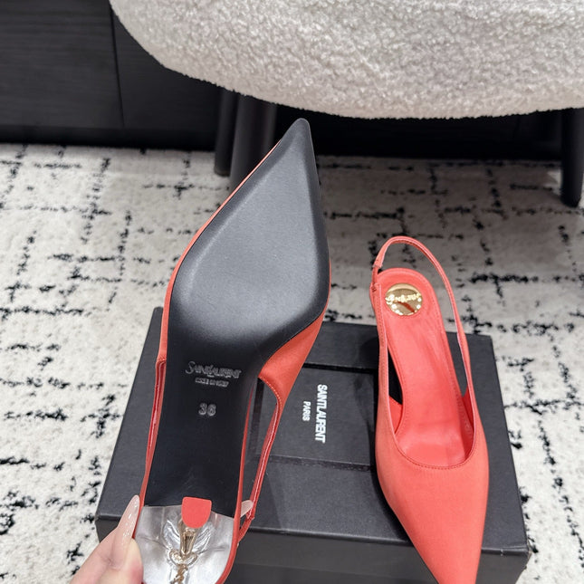 YSL 26S SLINGBACK PUMPS 60 MM IN CORAL ORANGE SATIN