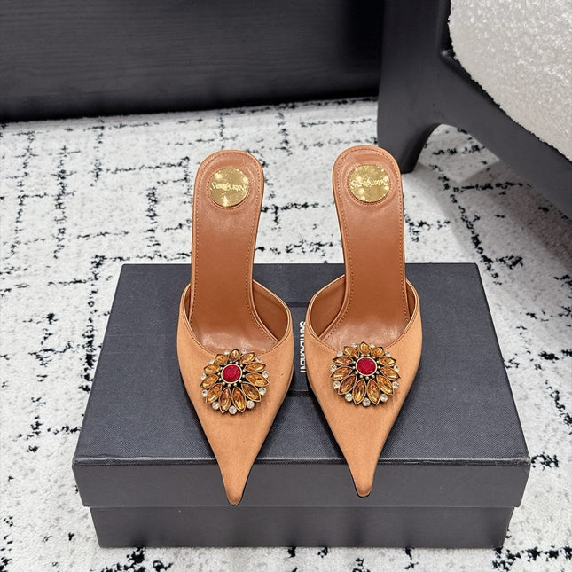 YSL 26S HEELED MULES 105 MM IN LIGHT BROWN SATIN