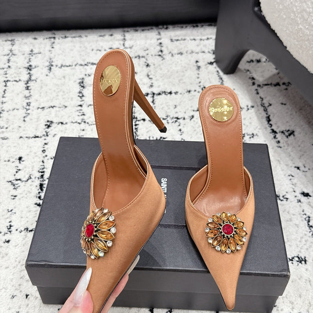 YSL 26S HEELED MULES 105 MM IN LIGHT BROWN SATIN