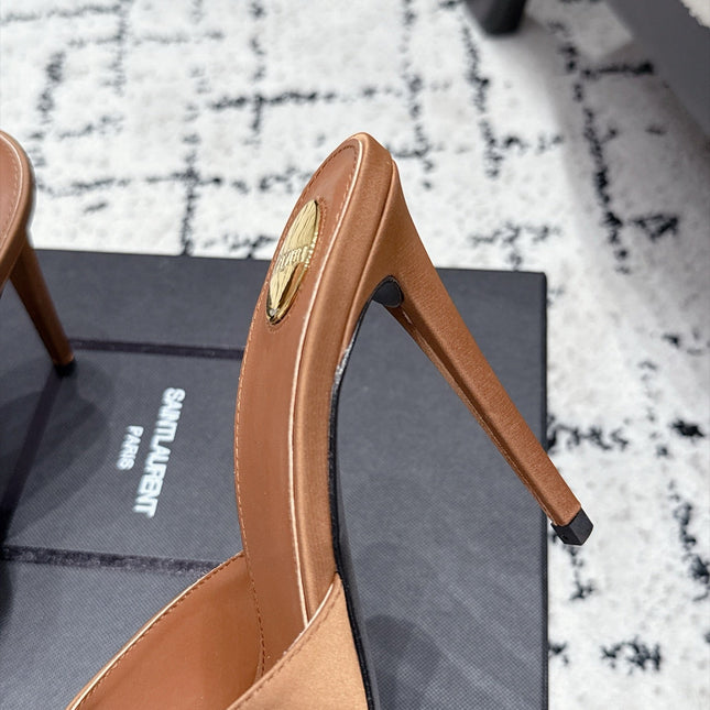 YSL 26S HEELED MULES 105 MM IN LIGHT BROWN SATIN