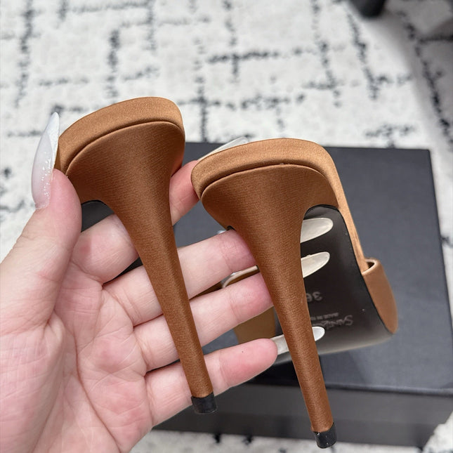 YSL 26S HEELED MULES 105 MM IN LIGHT BROWN SATIN