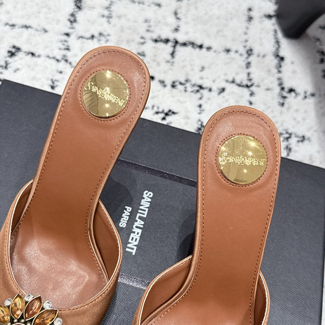 YSL 26S HEELED MULES 105 MM IN LIGHT BROWN SATIN