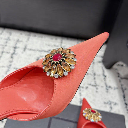 YSL 26S HEELED MULES 105 MM IN ORANGE-PINK SATIN