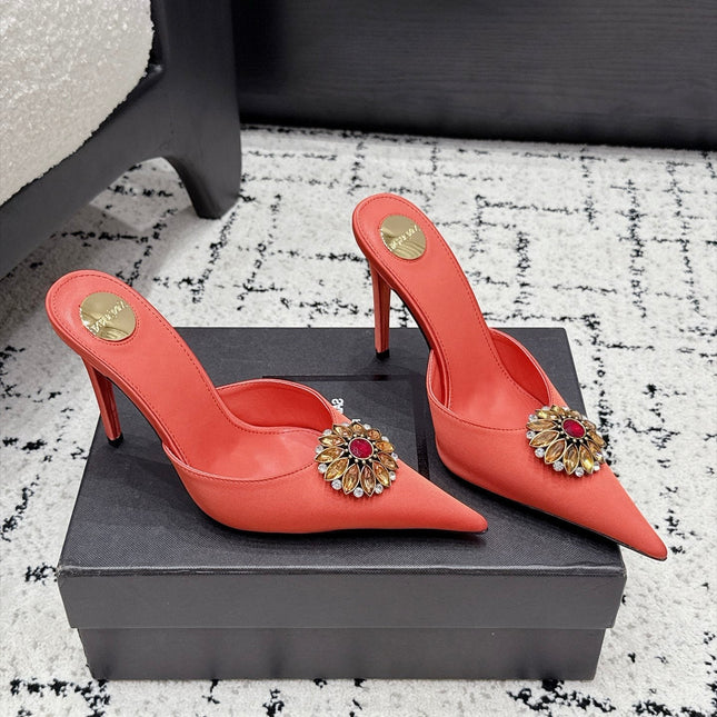 YSL 26S HEELED MULES 105 MM IN ORANGE-PINK SATIN