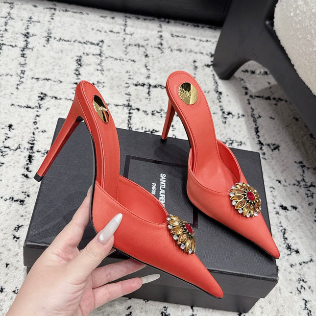 YSL 26S HEELED MULES 105 MM IN ORANGE-PINK SATIN