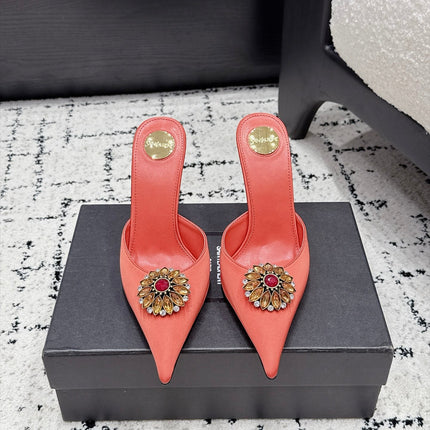 YSL 26S HEELED MULES 105 MM IN ORANGE-PINK SATIN