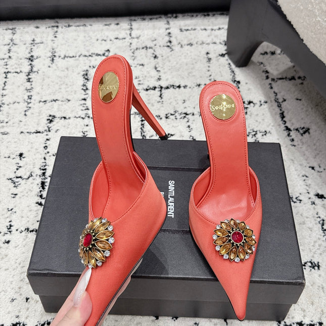 YSL 26S HEELED MULES 105 MM IN ORANGE-PINK SATIN