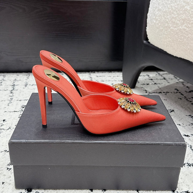 YSL 26S HEELED MULES 105 MM IN ORANGE-PINK SATIN