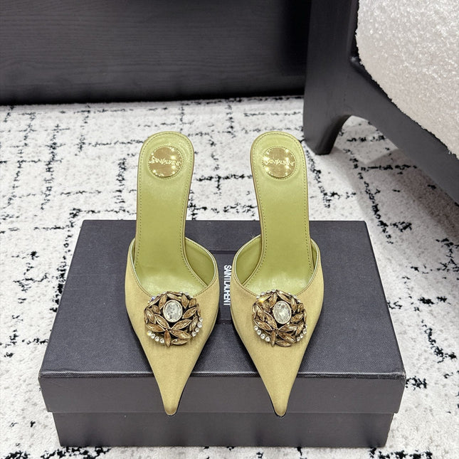 YSL 26S HEELED MULES 105 MM IN OLIVE GREEN SATIN
