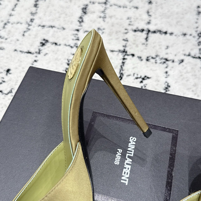 YSL 26S HEELED MULES 105 MM IN OLIVE GREEN SATIN