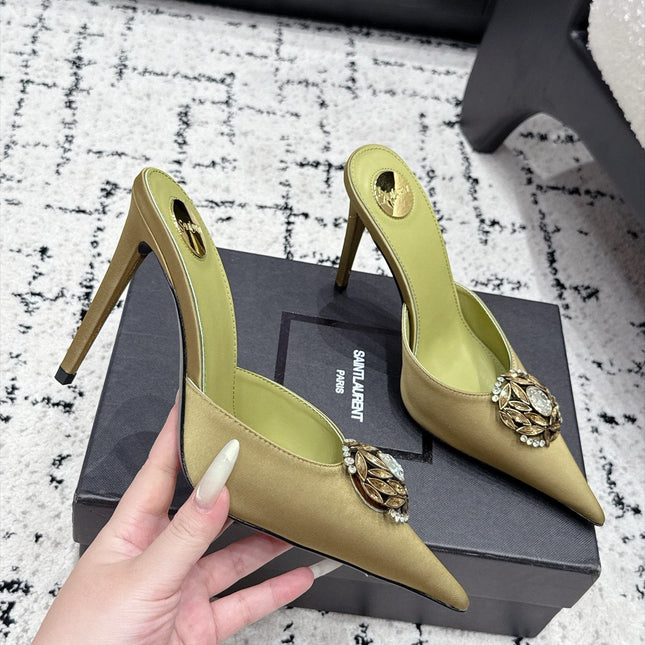 YSL 26S HEELED MULES 105 MM IN OLIVE GREEN SATIN