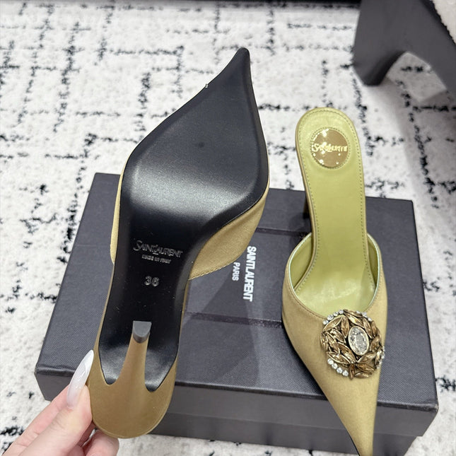 YSL 26S HEELED MULES 105 MM IN OLIVE GREEN SATIN