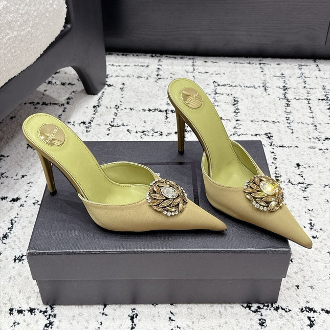 YSL 26S HEELED MULES 105 MM IN OLIVE GREEN SATIN
