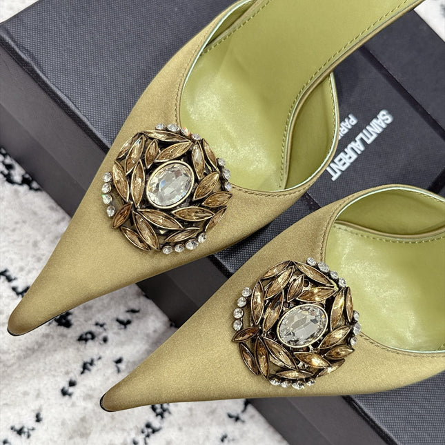 YSL 26S HEELED MULES 105 MM IN OLIVE GREEN SATIN
