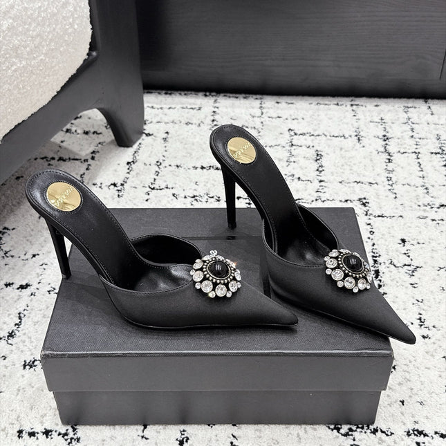 YSL 26S HEELED MULES 105 MM IN BLACK SATIN