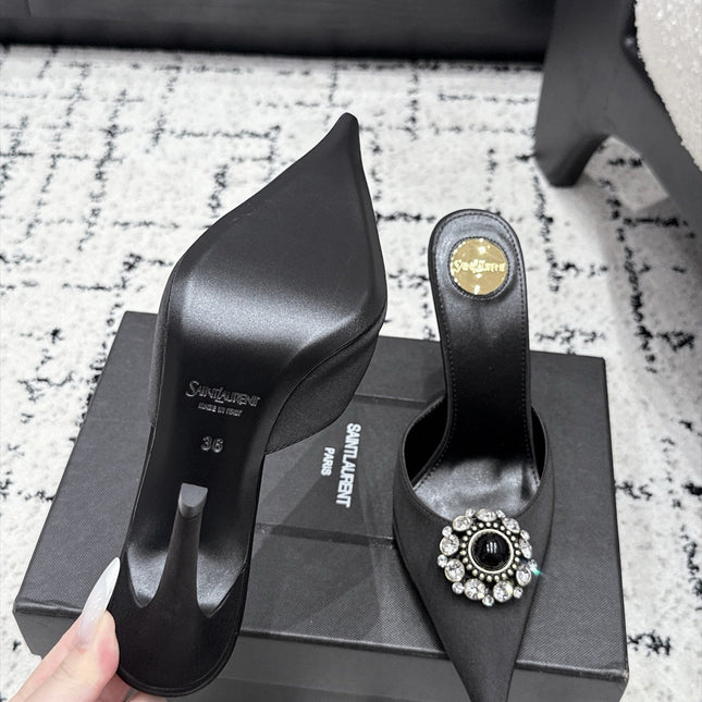 YSL 26S HEELED MULES 105 MM IN BLACK SATIN