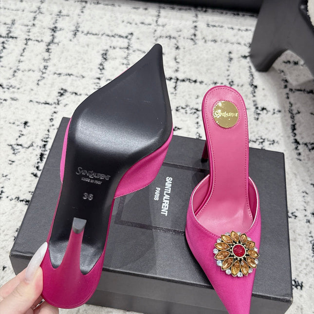 YSL 26S HEELED MULES 105 MM IN PINK SATIN