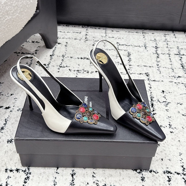 YSL 26S SLINGBACK HEELS 105 MM IN WHITE & BLACK CALFSKIN CRYSTAL EMBELLISHMENT