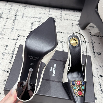 YSL 26S SLINGBACK HEELS 105 MM IN WHITE & BLACK CALFSKIN CRYSTAL EMBELLISHMENT