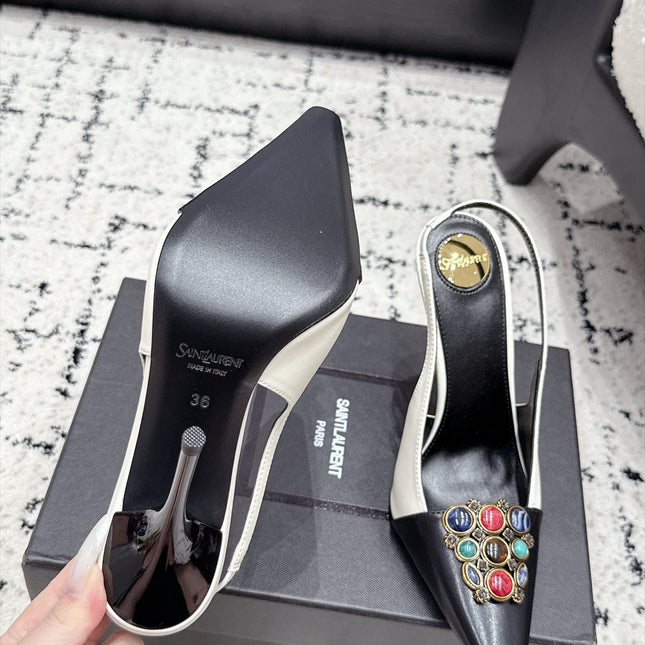 YSL 26S SLINGBACK HEELS 105 MM IN WHITE & BLACK CALFSKIN CRYSTAL EMBELLISHMENT