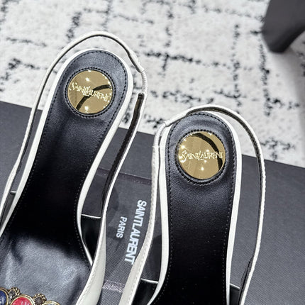 YSL 26S SLINGBACK HEELS 105 MM IN WHITE & BLACK CALFSKIN CRYSTAL EMBELLISHMENT