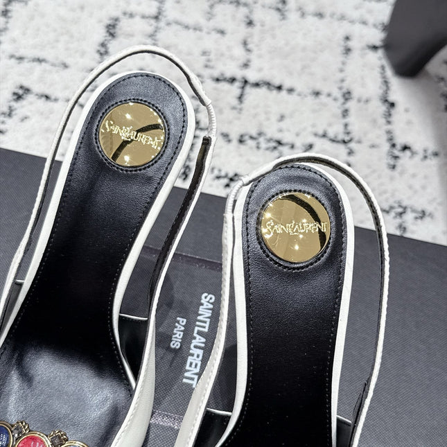 YSL 26S SLINGBACK HEELS 105 MM IN WHITE & BLACK CALFSKIN CRYSTAL EMBELLISHMENT