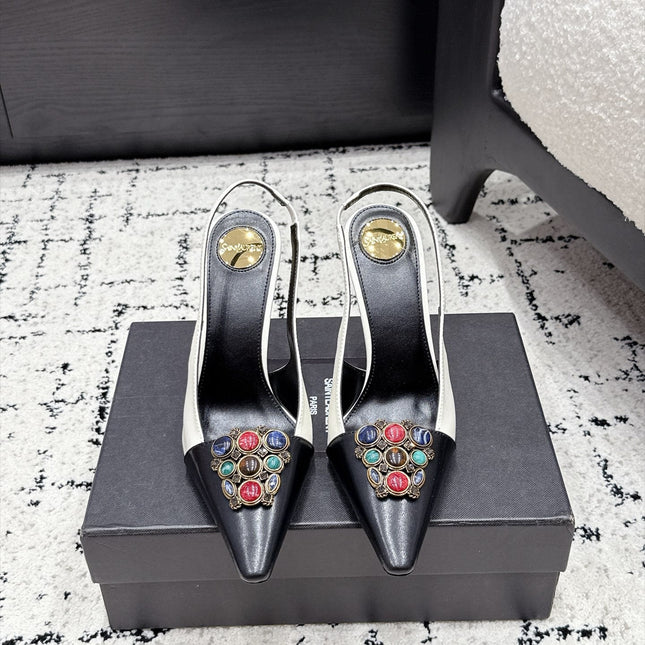 YSL 26S SLINGBACK HEELS 105 MM IN WHITE & BLACK CALFSKIN CRYSTAL EMBELLISHMENT