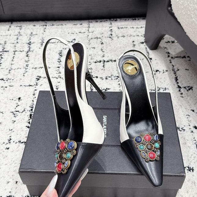 YSL 26S SLINGBACK HEELS 105 MM IN WHITE & BLACK CALFSKIN CRYSTAL EMBELLISHMENT