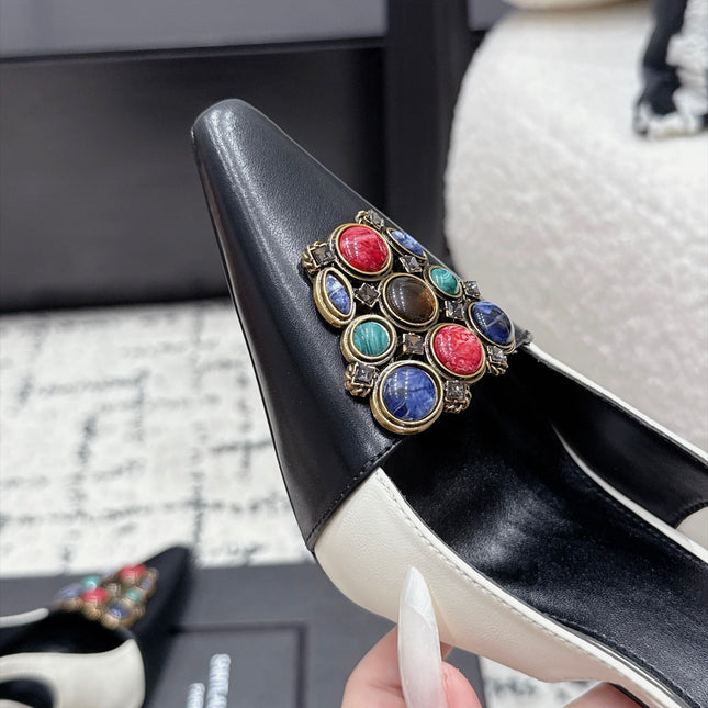 YSL 26S SLINGBACK HEELS 105 MM IN WHITE & BLACK CALFSKIN CRYSTAL EMBELLISHMENT