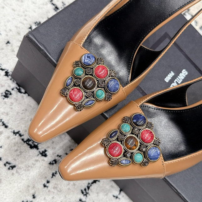 YSL 26S SLINGBACK HEELS 105 MM IN CAMEL BROWN CALFSKIN CRYSTAL EMBELLISHMENT