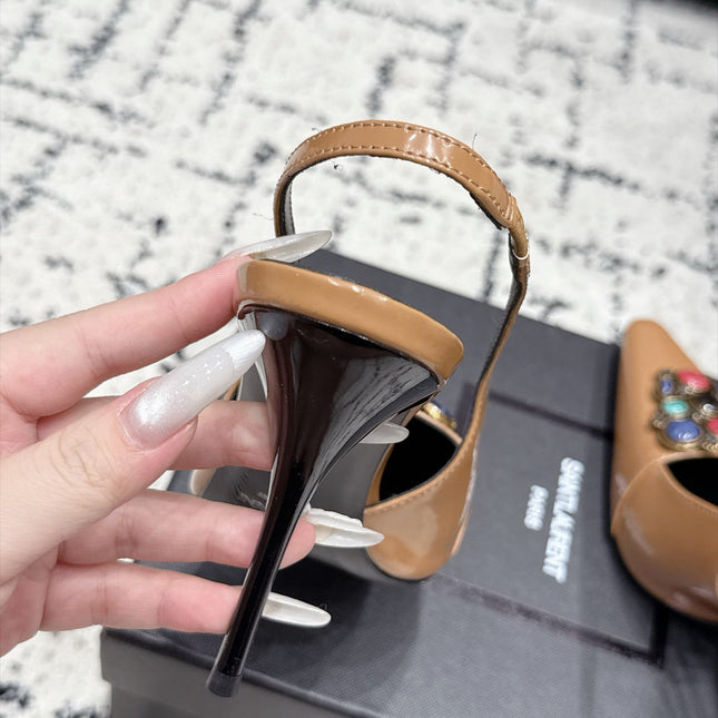 YSL 26S SLINGBACK HEELS 105 MM IN CAMEL BROWN CALFSKIN CRYSTAL EMBELLISHMENT