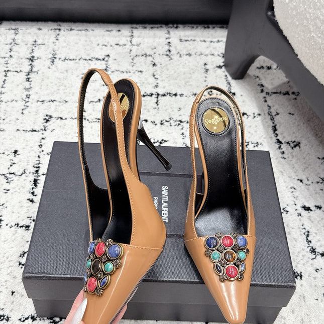 YSL 26S SLINGBACK HEELS 105 MM IN CAMEL BROWN CALFSKIN CRYSTAL EMBELLISHMENT