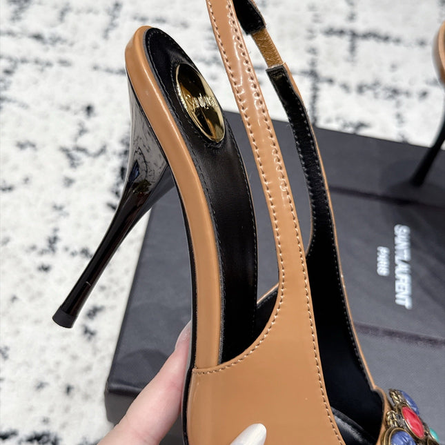 YSL 26S SLINGBACK HEELS 105 MM IN CAMEL BROWN CALFSKIN CRYSTAL EMBELLISHMENT