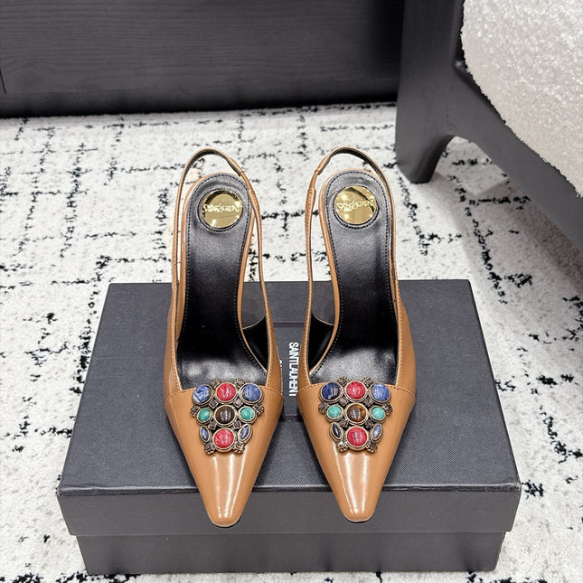 YSL 26S SLINGBACK HEELS 105 MM IN CAMEL BROWN CALFSKIN CRYSTAL EMBELLISHMENT