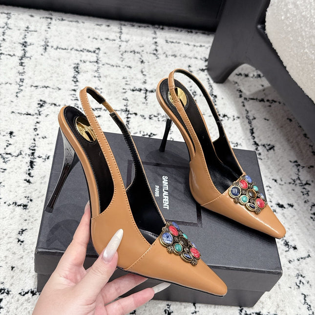 YSL 26S SLINGBACK HEELS 105 MM IN CAMEL BROWN CALFSKIN CRYSTAL EMBELLISHMENT