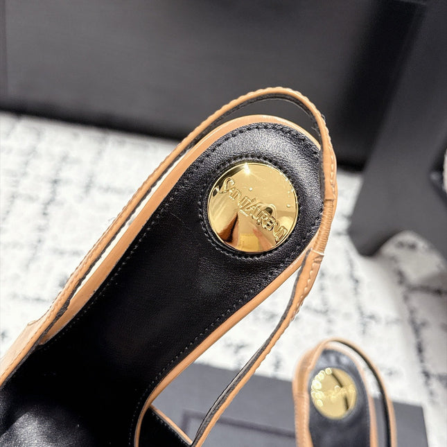 YSL 26S SLINGBACK HEELS 105 MM IN CAMEL BROWN CALFSKIN CRYSTAL EMBELLISHMENT