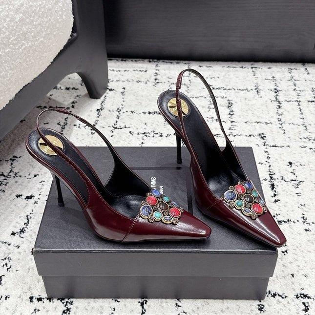 YSL 26S SLINGBACK HEELS 105 MM IN DARK RED CALFSKIN CRYSTAL EMBELLISHMENT