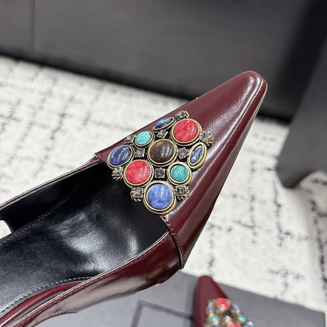 YSL 26S SLINGBACK HEELS 105 MM IN DARK RED CALFSKIN CRYSTAL EMBELLISHMENT