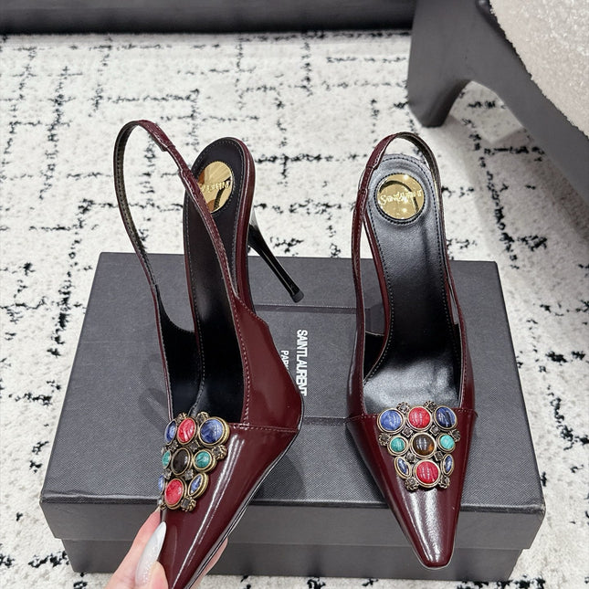 YSL 26S SLINGBACK HEELS 105 MM IN DARK RED CALFSKIN CRYSTAL EMBELLISHMENT