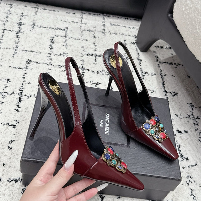 YSL 26S SLINGBACK HEELS 105 MM IN DARK RED CALFSKIN CRYSTAL EMBELLISHMENT