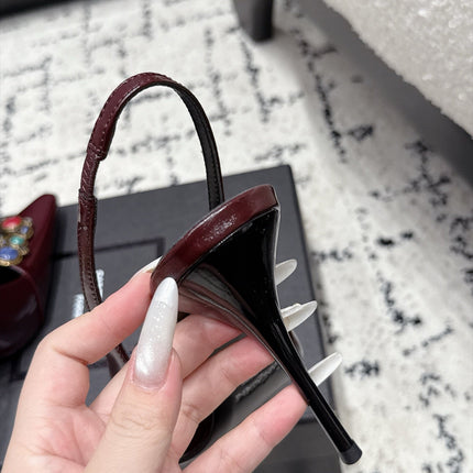 YSL 26S SLINGBACK HEELS 105 MM IN DARK RED CALFSKIN CRYSTAL EMBELLISHMENT