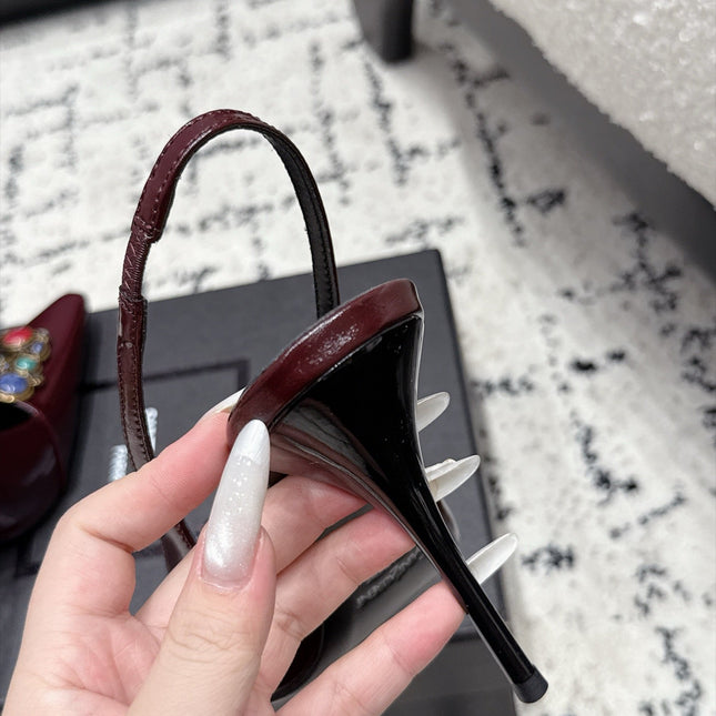 YSL 26S SLINGBACK HEELS 105 MM IN DARK RED CALFSKIN CRYSTAL EMBELLISHMENT